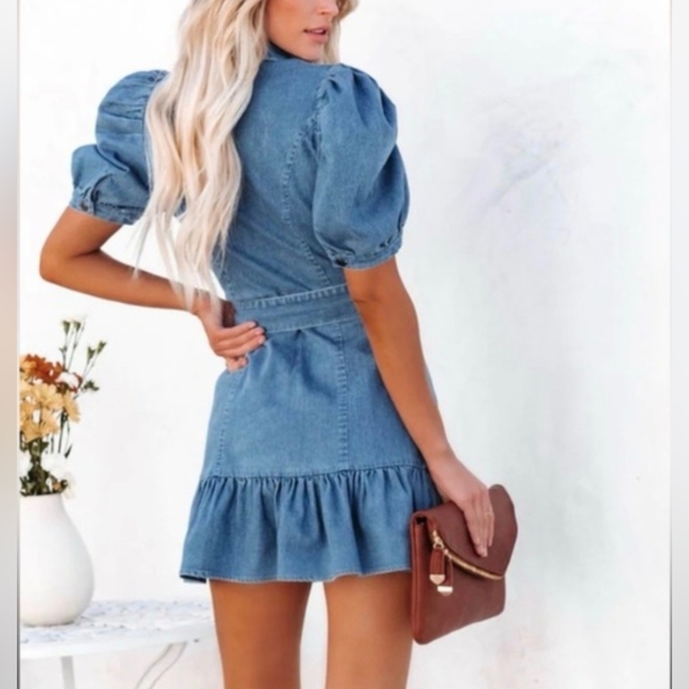 Vici Dress Denim Flirty Ruffle Short Puff Sleeve Mini Size S - Picture 3 of 13